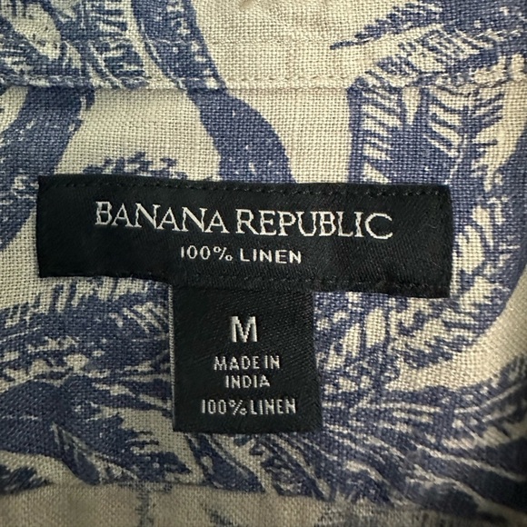 2022 Banana Republic Shirt Mens 100% Linen Palm Print SS Button Up - M Tan Blue - Picture 2 of 4